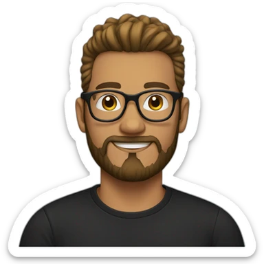 Man with clear glasses and a black tshirt and a man bun and beard sticker