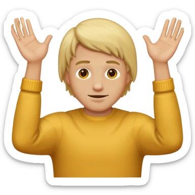 Blonde man with his face covered with the two arms going through down left to up right and with the two hands on the upper right edge of the emoji sticker