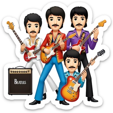 Rock music icon: dynamic collage of global rock legends like The Beatles, Jimi Hendrix, Elvis Presley, Freddy Mercury and Curt Cobane, surrounded by guitars, amplifiers, and stage lights. Symbolizing the energy and power of rock music. Transparent background. sticker