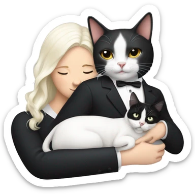White lady snuggling with a tuxedo cat  sticker