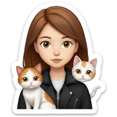 Light-skinned girl with brown hair wearing black jacket with white cat and calico cat sticker