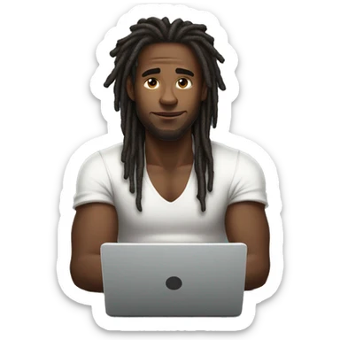 Black-guy-with-dreads-wearing-white-vest-sitting-down-on-floor-facing-foward-focused-on-laptop-computer sticker