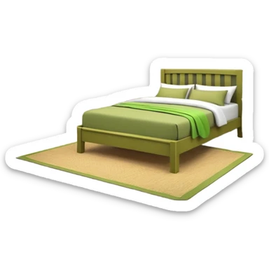 Olive green walls, wooden bed with green bedding, various plants, wooden closet sticker