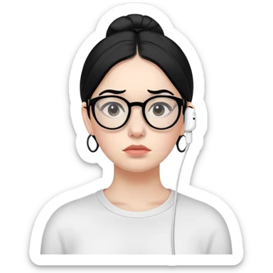 "- Nữ
- 30 tuổi
- Da trắng
- Tóc đen
- Đeo kính, đeo airpod
- Mặt buồn
" sticker