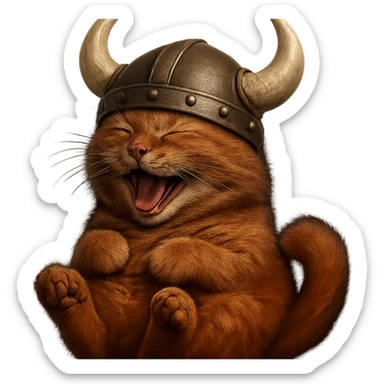 Make this laughing red viking cat more realistic with detailed fur and natural cat features. The cat should have a realistic horned helmet, remain red, and be laughing. Remove the background. sticker