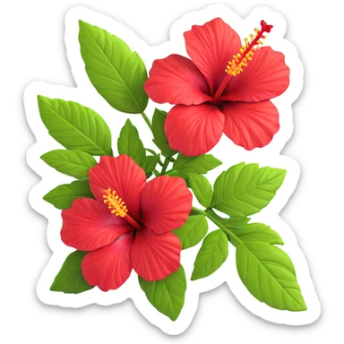Detailed red hibiscus flower with green leaves and distinctive long stamen sticker