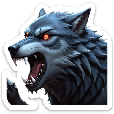 cinematic-noble-fierce-werewolf-howling-portrait-emoji, poised-and-imposing, with a fierce wolfish face tilted upwards in a haunting howl, glowing eyes full of primal ferocity, sharp, elongated fangs bared, and a rugged snout, fur rippling in shades of midnight black and silver, muscles tensed as the powerful howl echoes beneath the moonlit sky; rendered with realism, capturing the raw, untamed power of the beast in its wild, primal state sticker