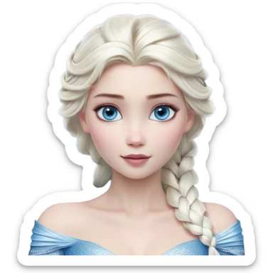 Cinematic Realistic Elsa Portrait, depicted with lifelike skin texture, soft natural lighting, and intricately detailed platinum blonde hair styled elegantly. Her striking, expressive blue eyes exude confidence and grace, complemented by a serene and regal expression. She is dressed in her signature icy attire, with shimmering fabric textures and delicate folds that catch the light beautifully. The portrait features a soft, enchanting glow with a cool, radiant finish, capturing the essence of timeless elegance in a realistic and painterly style, evoking a sense of depth and authenticity. sticker
