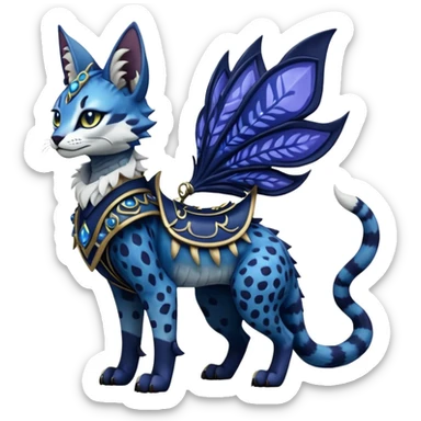 Epic complex knightly divine glorious futuristic detailed dark dusky gloomy deep gothic indigo, realistic Fakémon-Sprigatito-Floragato-Meowscarada-Trico-Sergal-Serval-Vernid-creature (full body) sticker