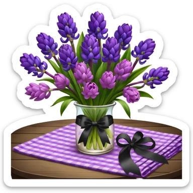 A lush bouquet of bright prple color Hyacinths black satin ribbon, resting on an antique wooden table, with a pale yellow and pink plaid pattern table cloth sticker
