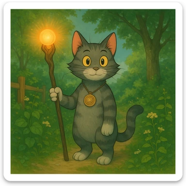 Add a magical item, such as a glowing staff or enchanted amulet, to Tom in Ghibli style, surrounded by nature and lush greenery. sticker