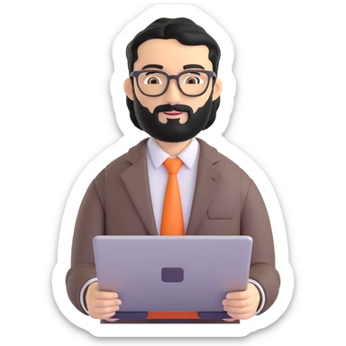 same professional man with medium black beard, neat black hair, connected unibrow, olive tan skin, brown eyes, glasses, prominent nose, in business casual attire, holding laptop under arm sticker