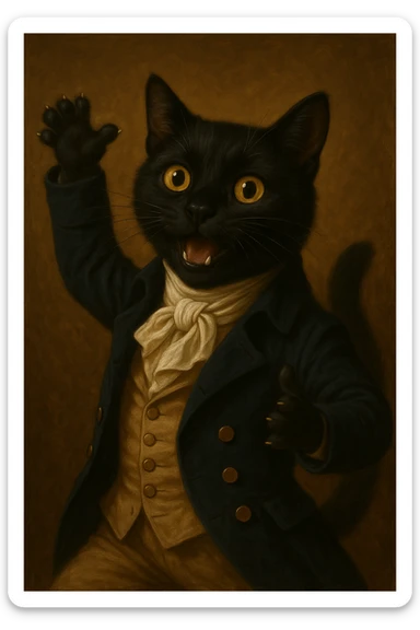 Make the black cat more playful with a dynamic pose and cheerful look, still dressed as a Pride and Prejudice gentleman with cravat and tailcoat. Highlight playfulness and dynamic energy while maintaining the gentleman's Regency clothing. sticker