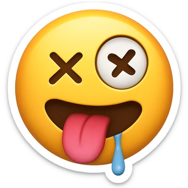 yellow face with crossed eyes, tongue out, drooling, drunk expression, remove background sticker