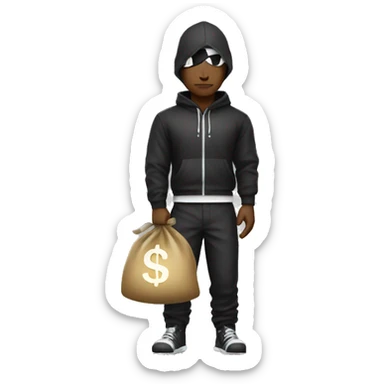 Thief with black and white strapped clothes and a money bag behind him sticker