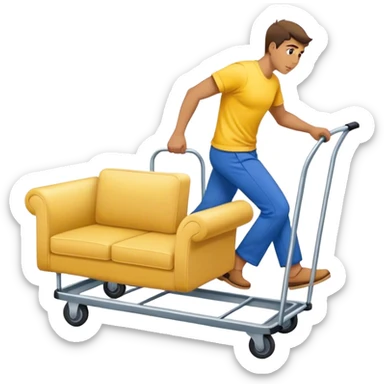 man in blue pants and yellow t-shirt, moving a sofa on trolly sticker