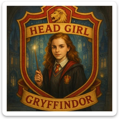 A Gryffindor head girl badge, with a girl in a Hogwarts uniform holding a wand, surrounded by a red and gold border, and a lion symbol, in a magical school setting. sticker
