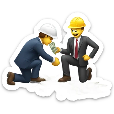 A guy in a suit receiving money from a guy on the ground, but the guy on the ground is a construction worker, the guy with the suit does not have a hat sticker