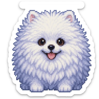 Make the white Pomeranian much fluffier and cuter in pixel art style, with no background. Preserve the pixel art aesthetic and enhance fluffiness and cuteness. sticker