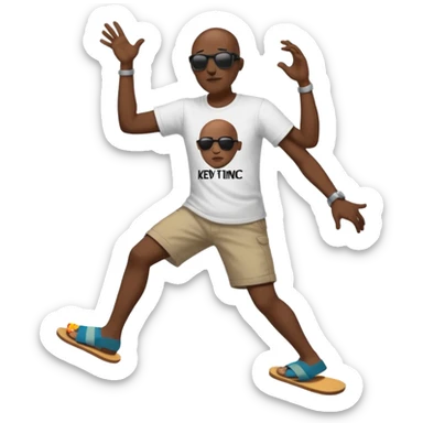  Black bald man with shades dancing in men’s black flip flops with Kev the comic written on his shirt brown flip flops  sticker