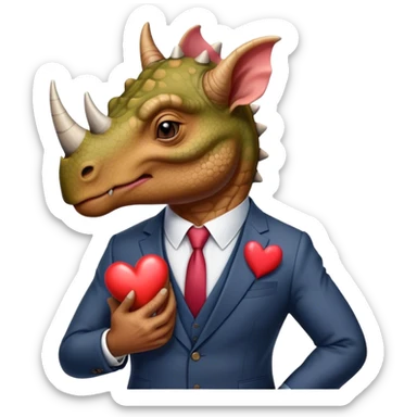 old triceratops in a suit holding a big heart sticker