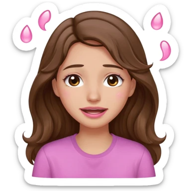 girl with wavy long brown hair, brown eyes, light to medium complexion, long lashes, light pink lipstick, wearing light pink shirt, smiling, crying with big pink tears coming down the face sticker