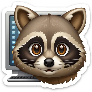 Racoon face with computer terminal window in background (right corner) in Apple emoji style. The terminal window display code "<>Albert API<>" 
 sticker