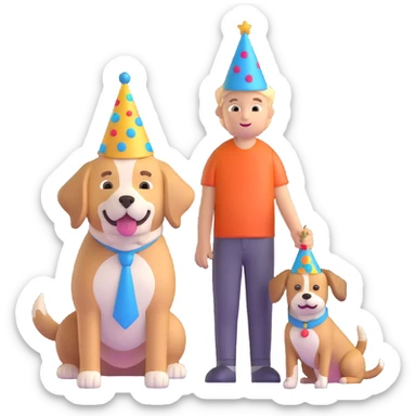 boy and his dog at party with party hats sticker