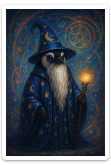 a wise penguin wizard with a long beard, starry robe, enchanting background sticker
