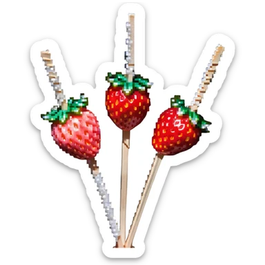 wooden skewer with three strawberries coated in shiny sugar glaze sticker