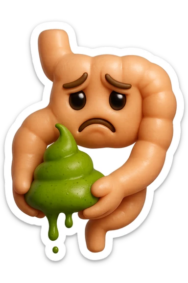 emoji stile iphone 3d di un intestino con espressione triste con cacca verde e liquida in mano , iperrealistiche 4k sticker