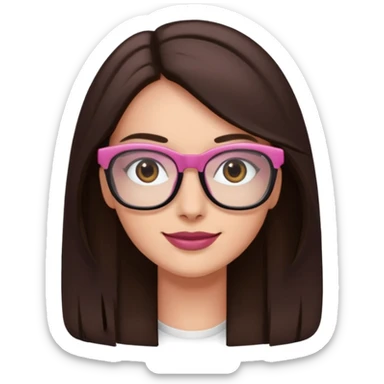 une ado, brune aux cheuveux tres fonces longs lisses blanche, ,lunettes carres/ rectanglesnoires, yeux bruns joues rose, haut noir sticker