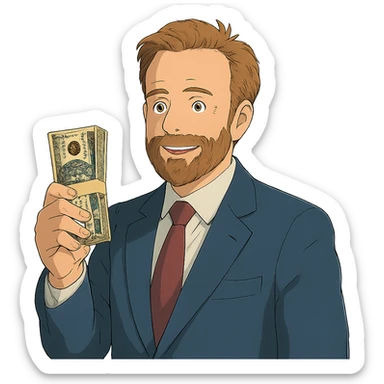 ghibli style Nikolai Astrup, Norwegian politician, holding a pack of money in his hand sticker