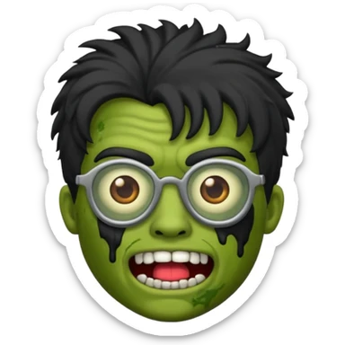 Crie um zumbi estilo emoji do iPhone com cabelo ondulado masculino com camiseta preta e óculos de grau preto sticker