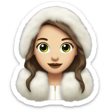 girl with long straight brown hair and big lips and a light skin color and green eyes wearing fluffy white ear muffs and a white fur coat  sticker