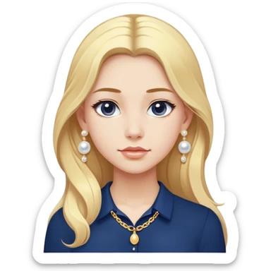 White girl with long blonde hair with a form fitting navy blue shirt with a dainty gold chain and pearl earrings. Make the earrings studs. sticker