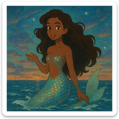 mermaid with pretty brown skin and iridescent scales, magical and whimsical atmosphere, ghibli style sticker