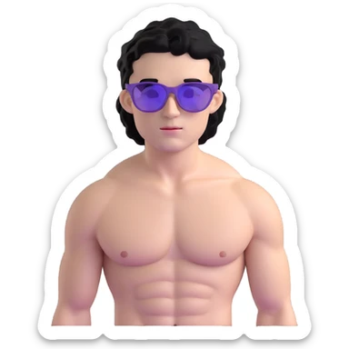 shirtless male athlete with white skin and moderately curly black hair on top with shaved sides, wearing purple sunglasses with black tinted lenses sticker