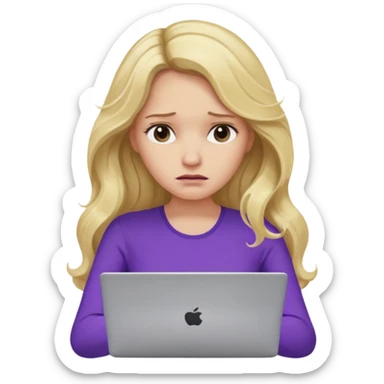 lady with long blonde wavy hair, purple top throwing her with a laptop looking defeated sticker