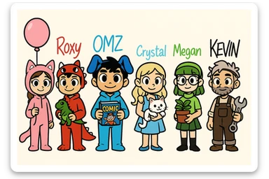 Keep the picture quality and style exactly the same as the reference image. Add the following props naturally with each character: Lily (pink cat suit) holding a pink balloon, Roxy (red dino suit) holding a small toy dinosaur, OMZ (blue dog suit) holding a comic book, Crystal (blue dress) holding a white cat, Megan (green outfit) holding a potted plant, and Kevin (brown overalls) holding a wrench. Ensure each prop is placed naturally and harmoniously with the character's pose and style. sticker