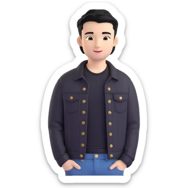 3D emoji Microsoft style, young man with black hair, wearing black t-shirt and black denim jacket, based on photo reference, slight smile sticker