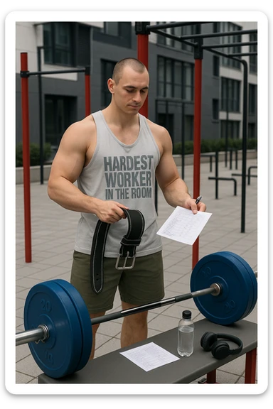 un uomo prepara con cura il suo set di pesi e la cintura per streetlifting, controllando una lista di esercizi e ripetizioni scritta su un foglio. Accanto a lui, una borraccia e delle cuffie. L’espressione è serena e sicura, a sottolineare l’importanza della programmazione per un allenamento efficace. Lo sfondo è un’area fitness urbana, pulita e ben attrezzata. sticker