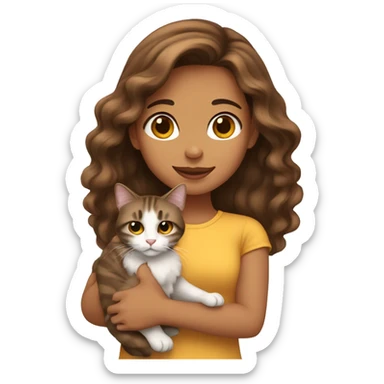 Long brown-haired Latina girl holding long haired tabby cat sticker