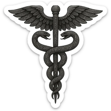 A caduceus intertwined with Viking runes, combining medical and Norse themes sticker