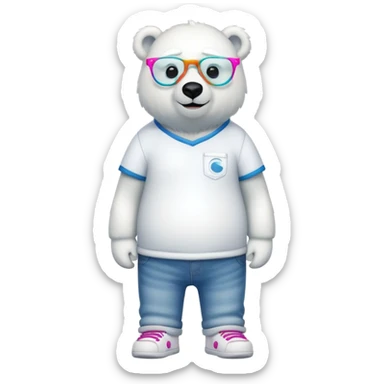 friendly anthropomorphised polar bear standing upright, looking chilled and unbothered, wearing a shirt, jeans, trainers, and spiral-shaped colorful glasses sticker