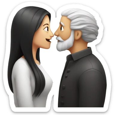 Red hearts are flying and Bald and gray beard man kisses from lips of  long black hair white woman sticker