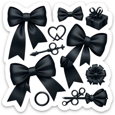 "A whimsical yet darkly romantic composition featuring various objects wrapped in black bows, blending vintage charm with gothic aesthetics."
 sticker