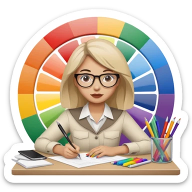 female graphic designer , color wheel, pens, papers , desktop sticker