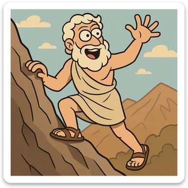 Ancient philosopher Plato scaling a mountain, energetic pose, cartoon style sticker
