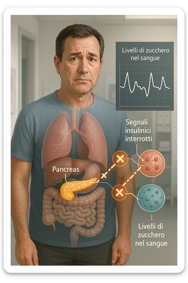 a middle-aged man stands in a clinical setting, with a semi-transparent overlay showing his internal organs. His pancreas is highlighted, and glowing lines or icons indicate disrupted insulin signaling between the pancreas and muscle or fat cells. The man’s expression is slightly concerned, and a digital chart beside him displays fluctuating blood sugar levels. The lighting is realistic, with a clean, modern medical background. scritte in italiano sticker